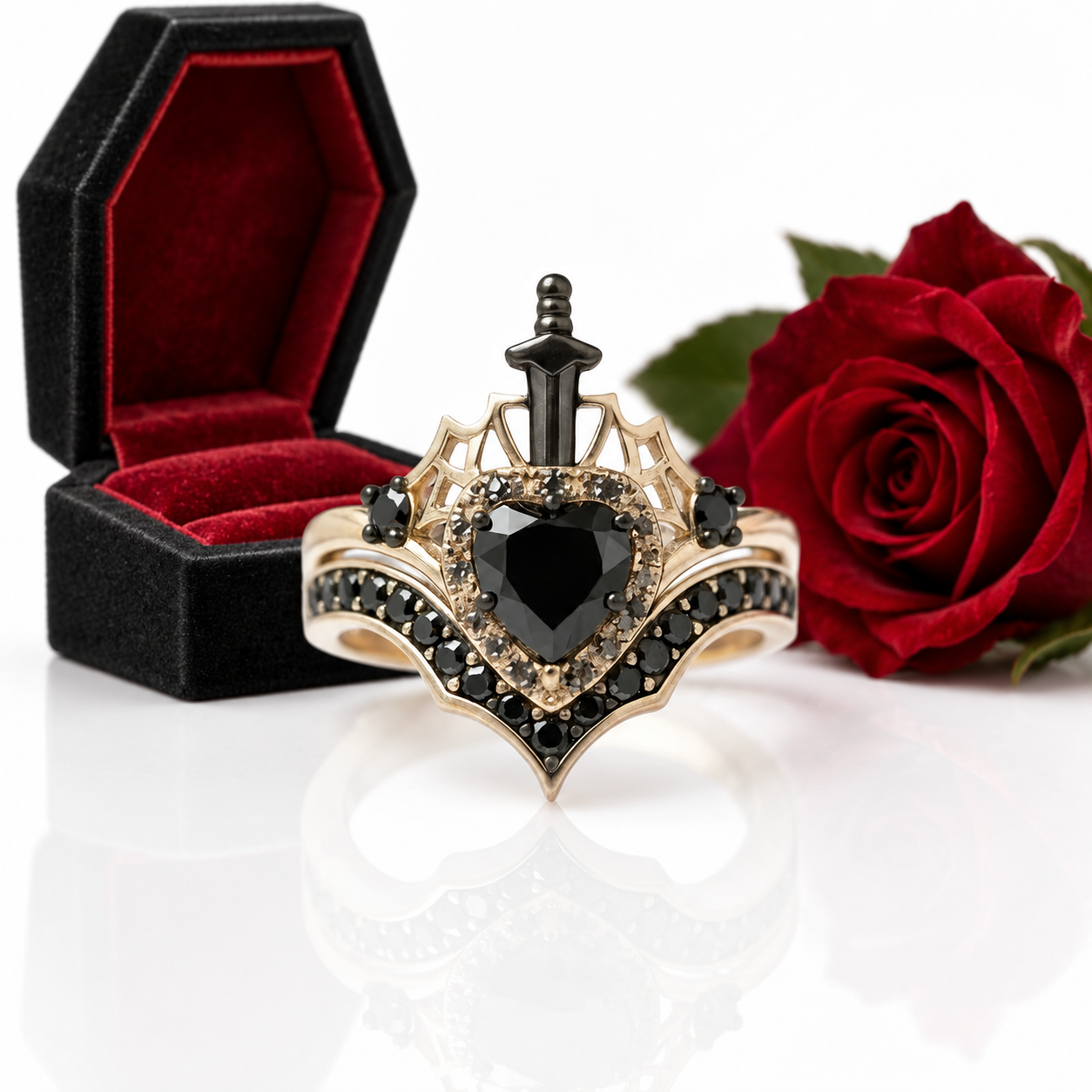 Queen of Hearts- Heart Shape Diamond Option Gothic Wedding Ring-Black Diamonds New York