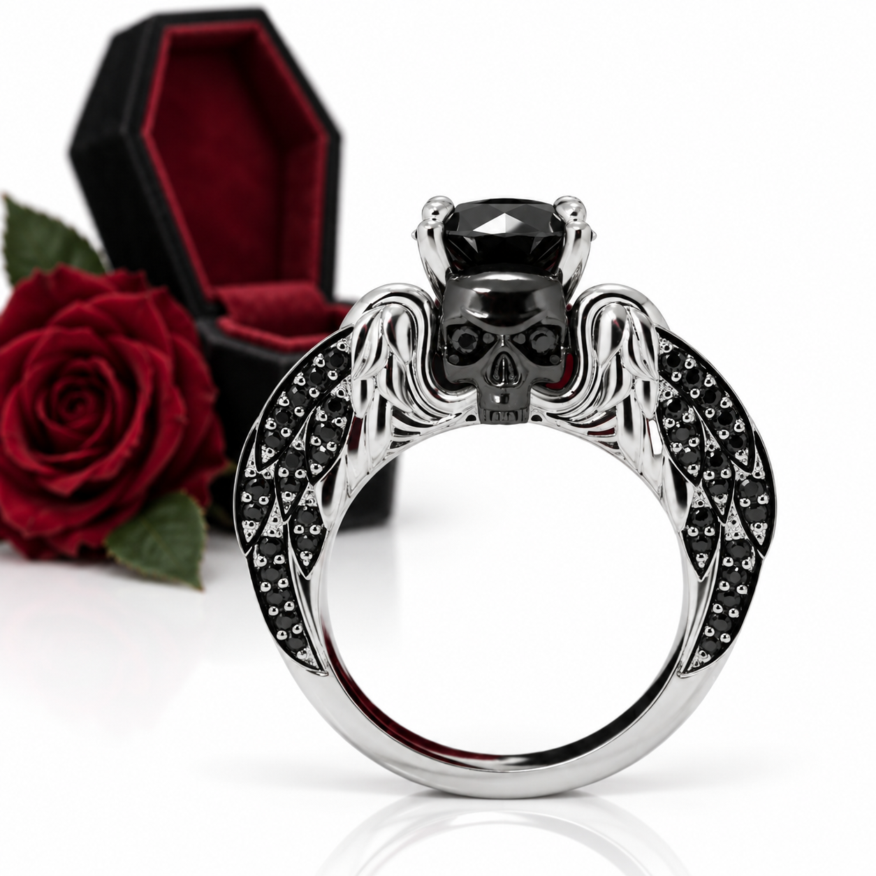Eternal Love Rings- Round Cut Diamond Option Skull Engagement Ring in 14k White Gold-Black Diamonds New York