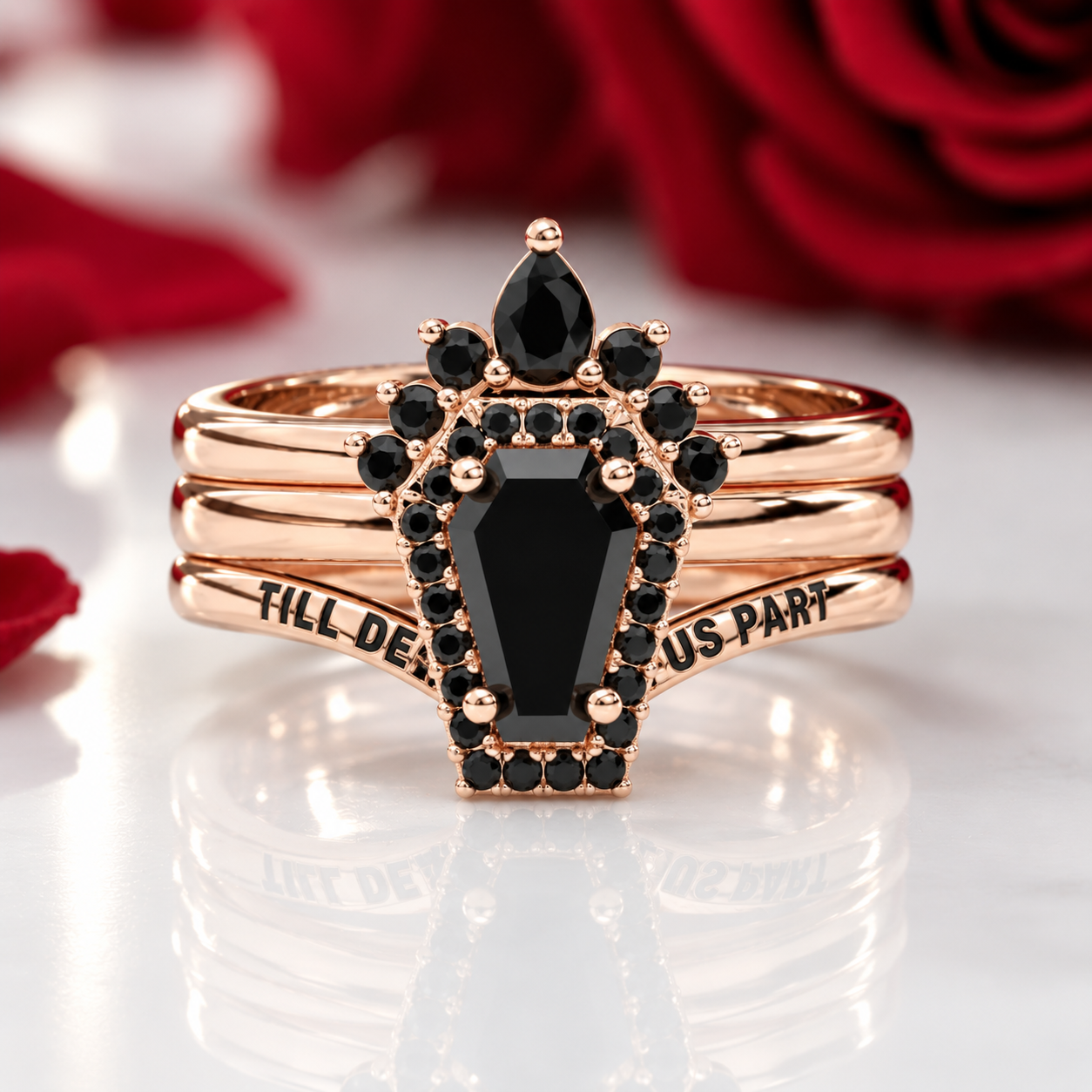 Till Death Do Us Part Rings- Rare Coffin Cut Diamond Option 14k White Gold Ring Set-Black Diamonds New York