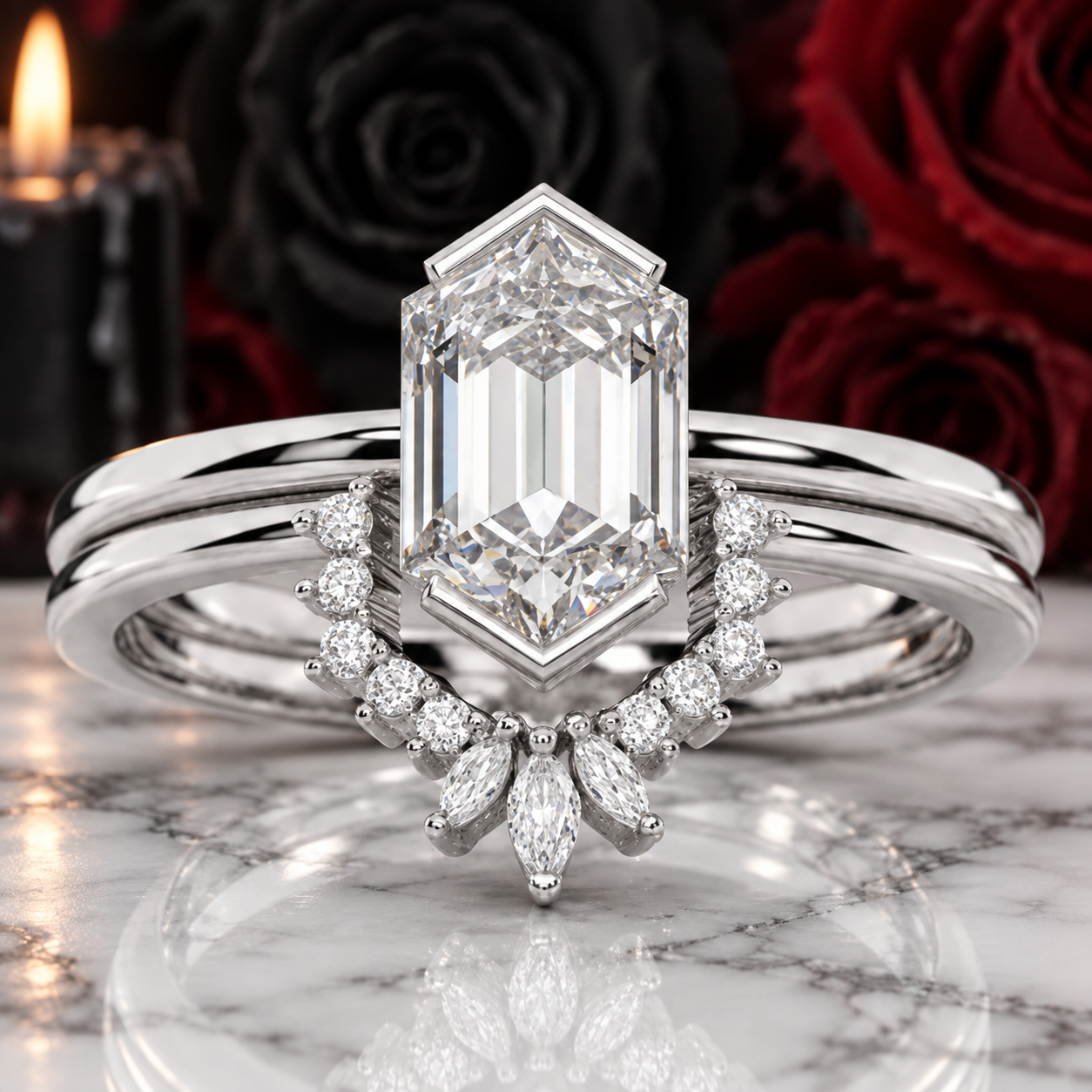 Sincerity - Hexagon Cut Diamond Option 14k Rose Gold Wedding Ring-Black Diamonds New York