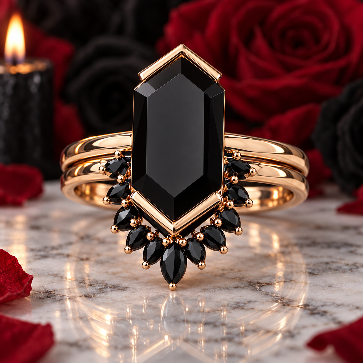 Sincerity - Hexagon Cut Diamond Option 14k Rose Gold Wedding Ring-Black Diamonds New York