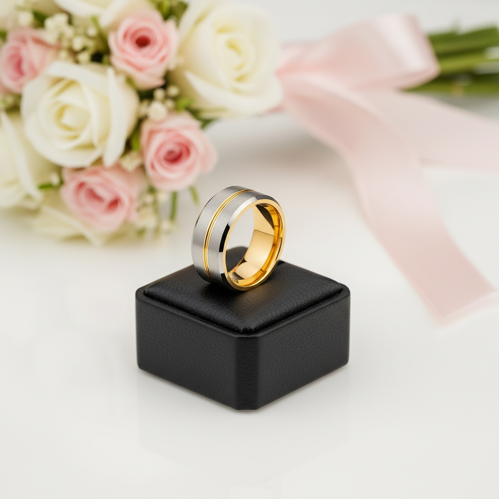 Men's Tungsten Carbide Yellow Line Wedding Band-Black Diamonds New York