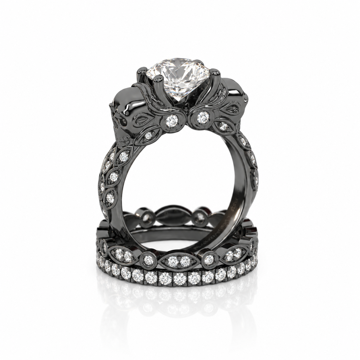 I love You Three Times More- 3PC 1 Carat Diamond Option Skull Ring Set-Black Diamonds New York