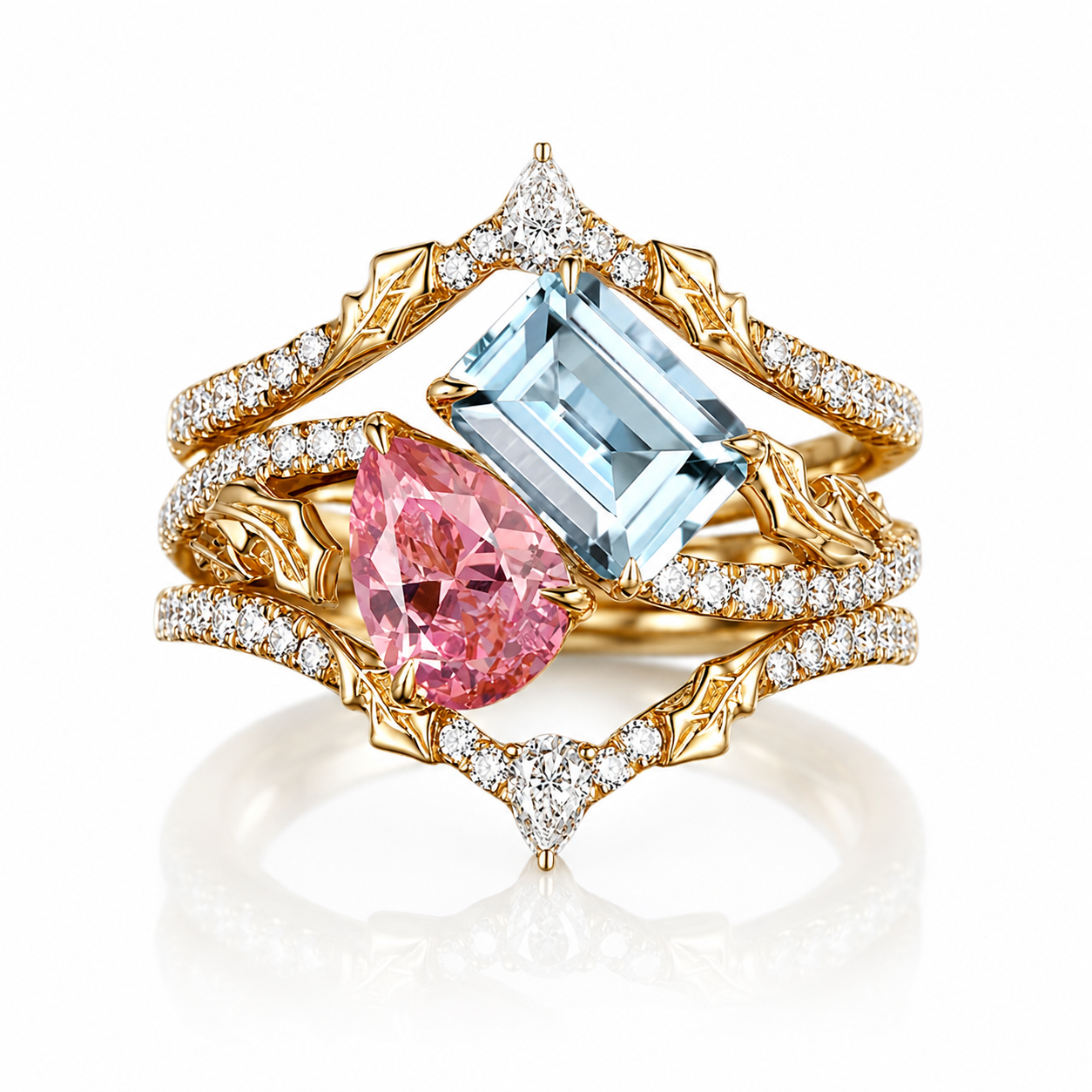 Toi et Moi Emerald & Pear Cut Pink-Blue Vintage Engagement Ring-Black Diamonds New York