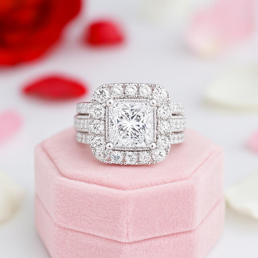 Luxurious Princess Cut Diamond Halo Engagement Set-Black Diamonds New York