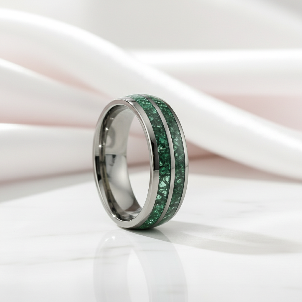 Moss Agate Gunmetal Tungsten Carbide Ring Band-Black Diamonds New York