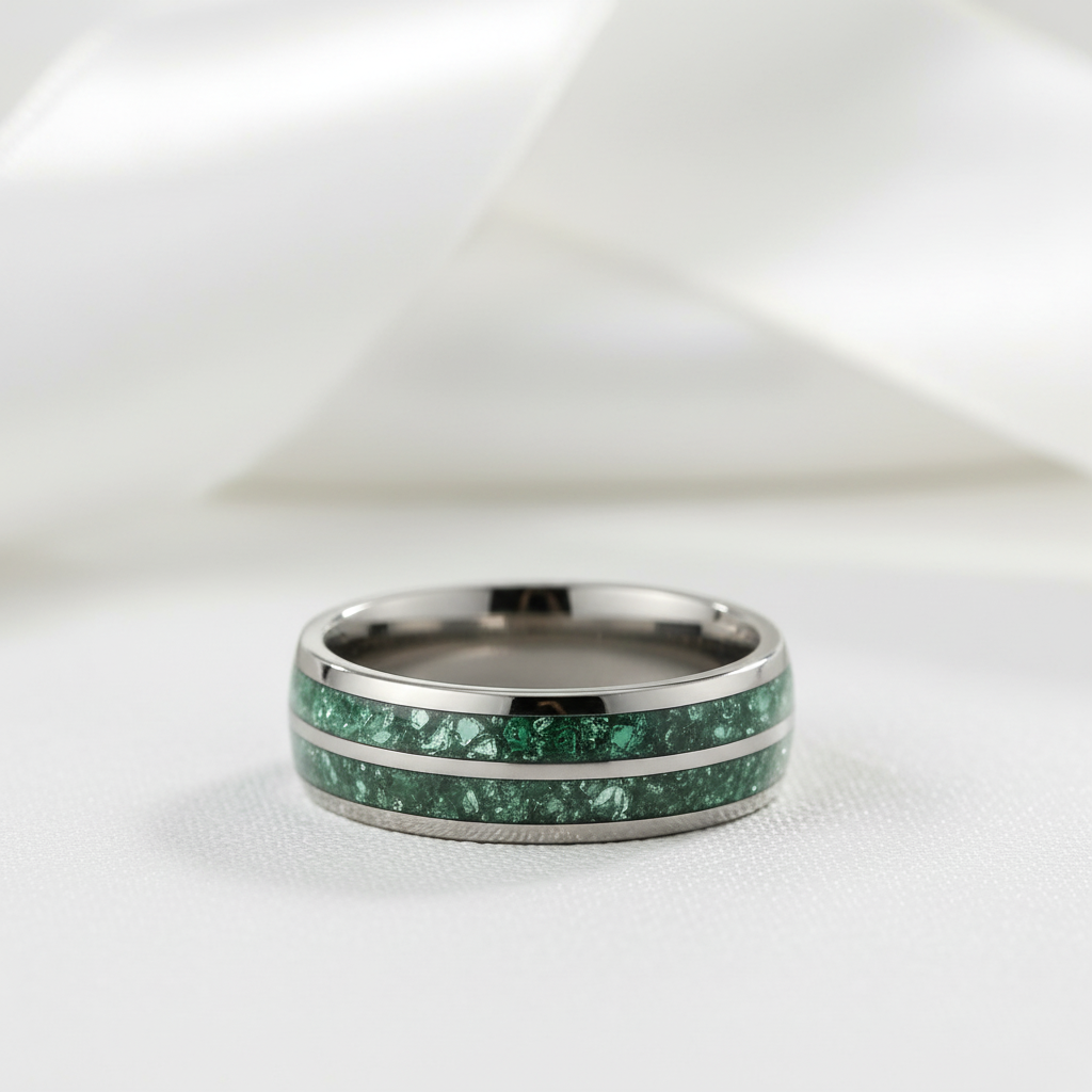 Moss Agate Gunmetal Tungsten Carbide Ring Band-Black Diamonds New York