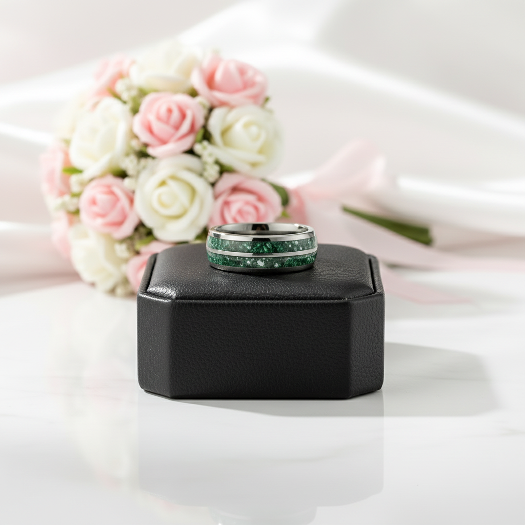 Moss Agate Gunmetal Tungsten Carbide Ring Band-Black Diamonds New York