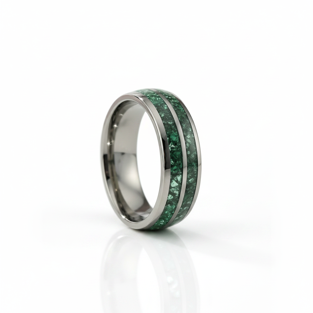 A polished silver-toned band ring featuring a vibrant green inlay with a textured, crackled pattern, shown on a clean white reflective surface.