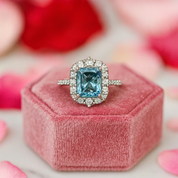 Gorgeous Halo Radiant Cut Cyan Blue Engagement Ring-Black Diamonds New York