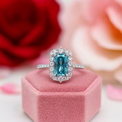 Gorgeous Halo Radiant Cut Cyan Blue Engagement Ring-Black Diamonds New York