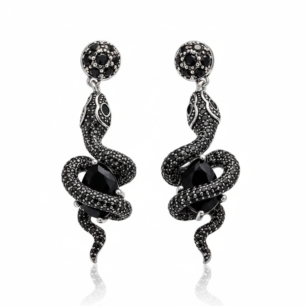 Black Snake with Stone Vintage Drop Earrings-Black Diamonds New York