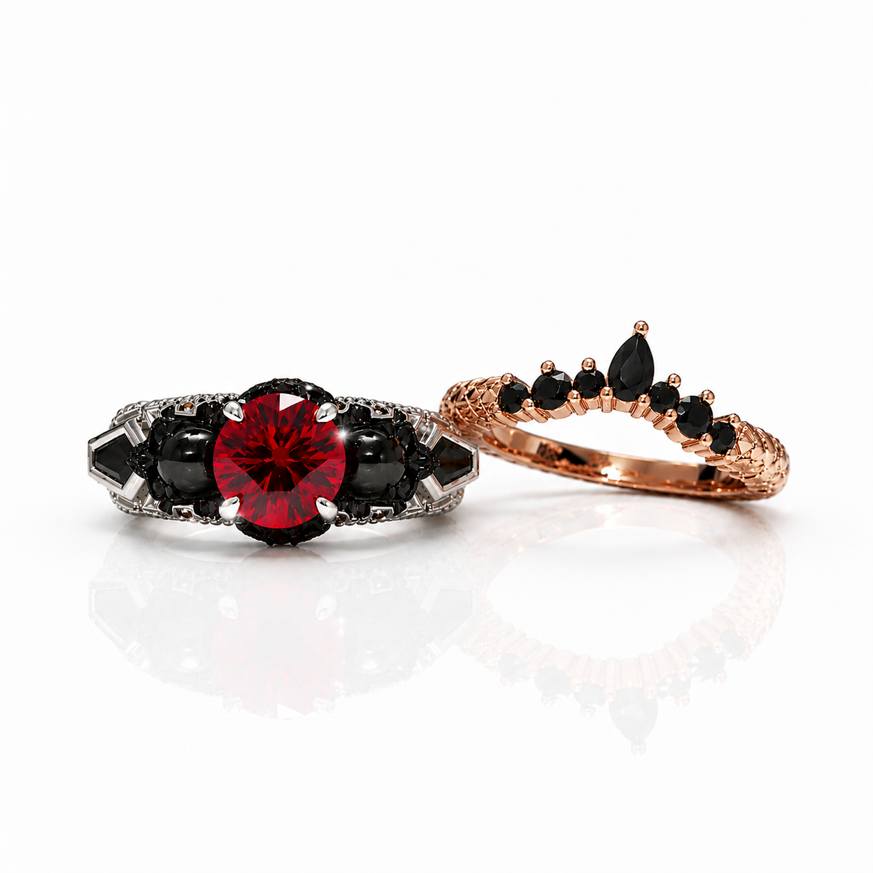 Eternal Flame- Round Cut Diamond Option Coffin Wedding Ring Set-Black Diamonds New York