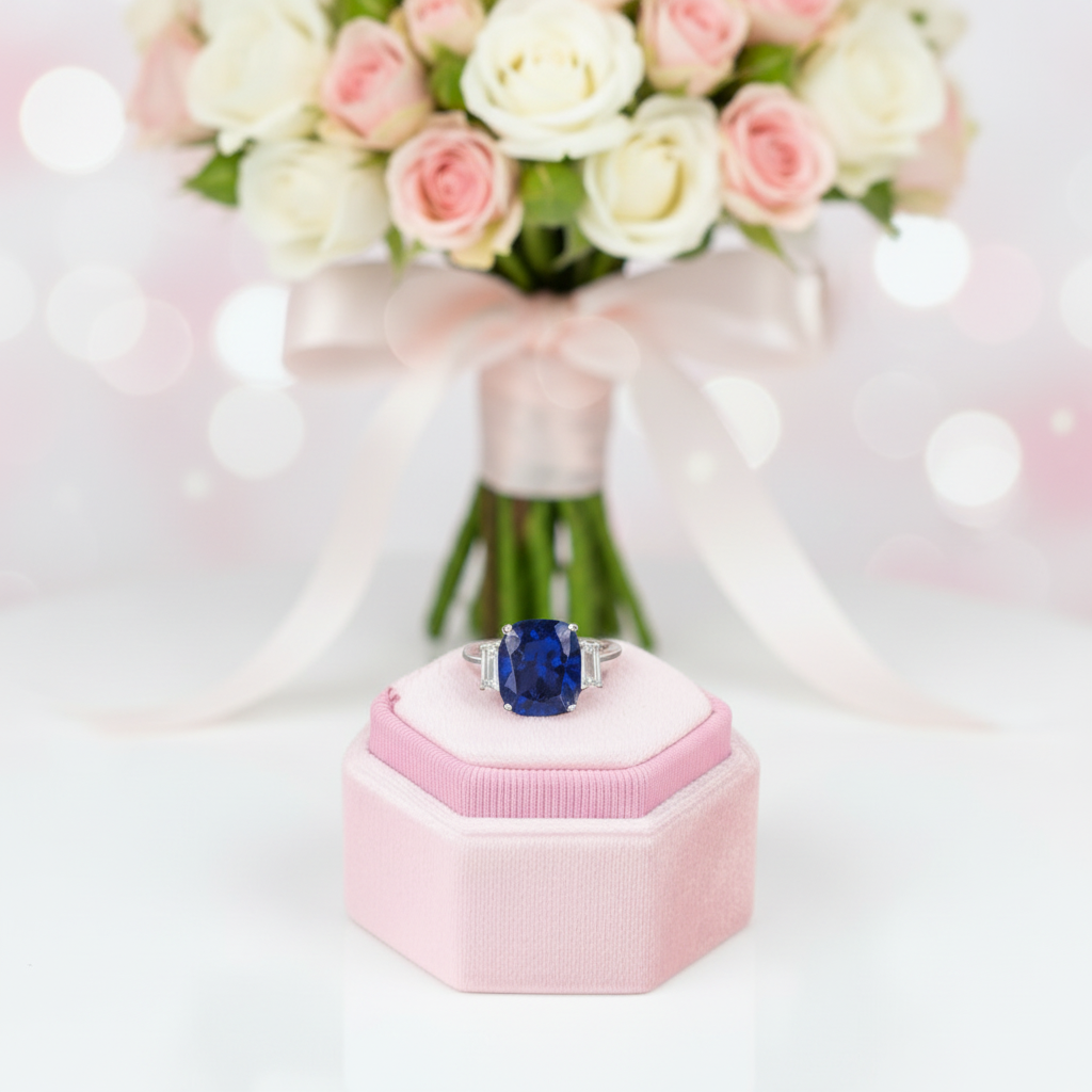 Blue Sapphire Cushion Cut Three Stone Engagement Ring-Black Diamonds New York