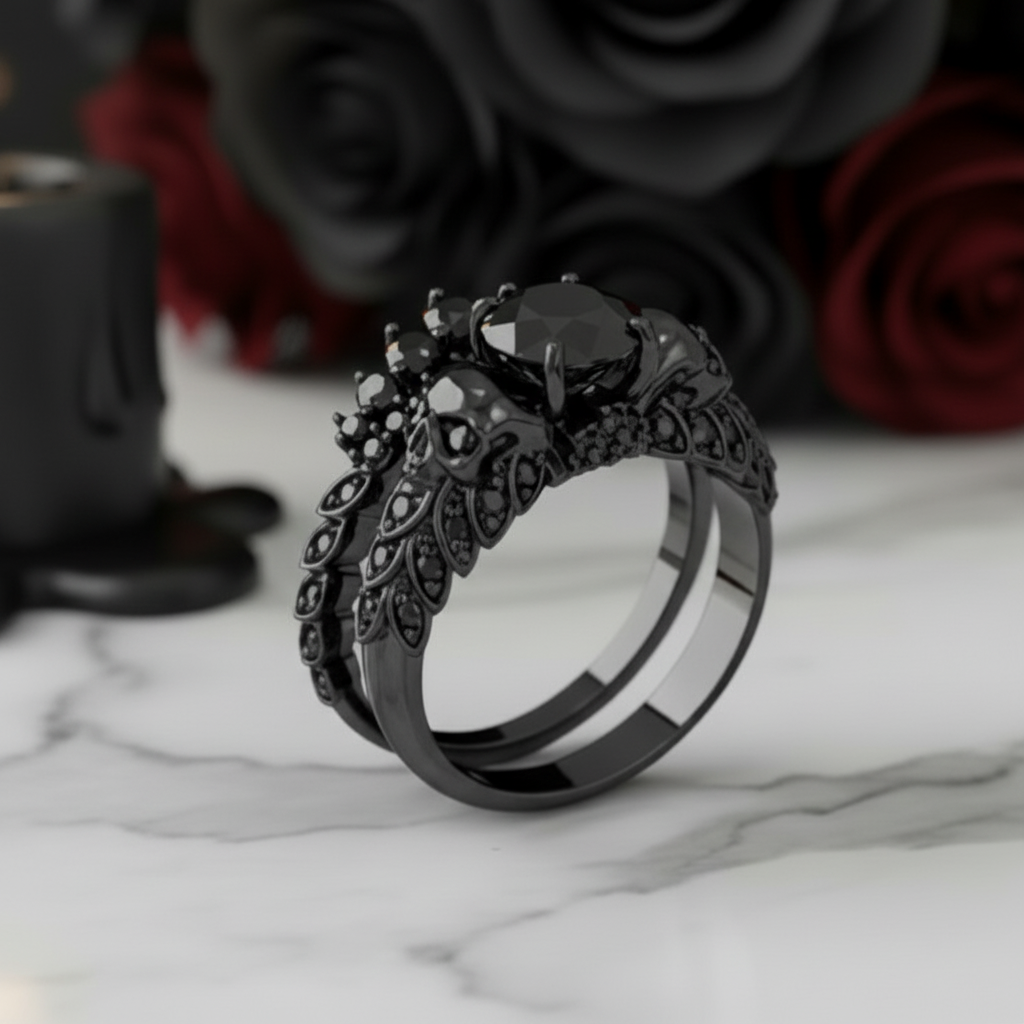 You're My Forever- 1.25 Carat Round Cut Diamond Skulls Promise Ring Set-Black Diamonds New York