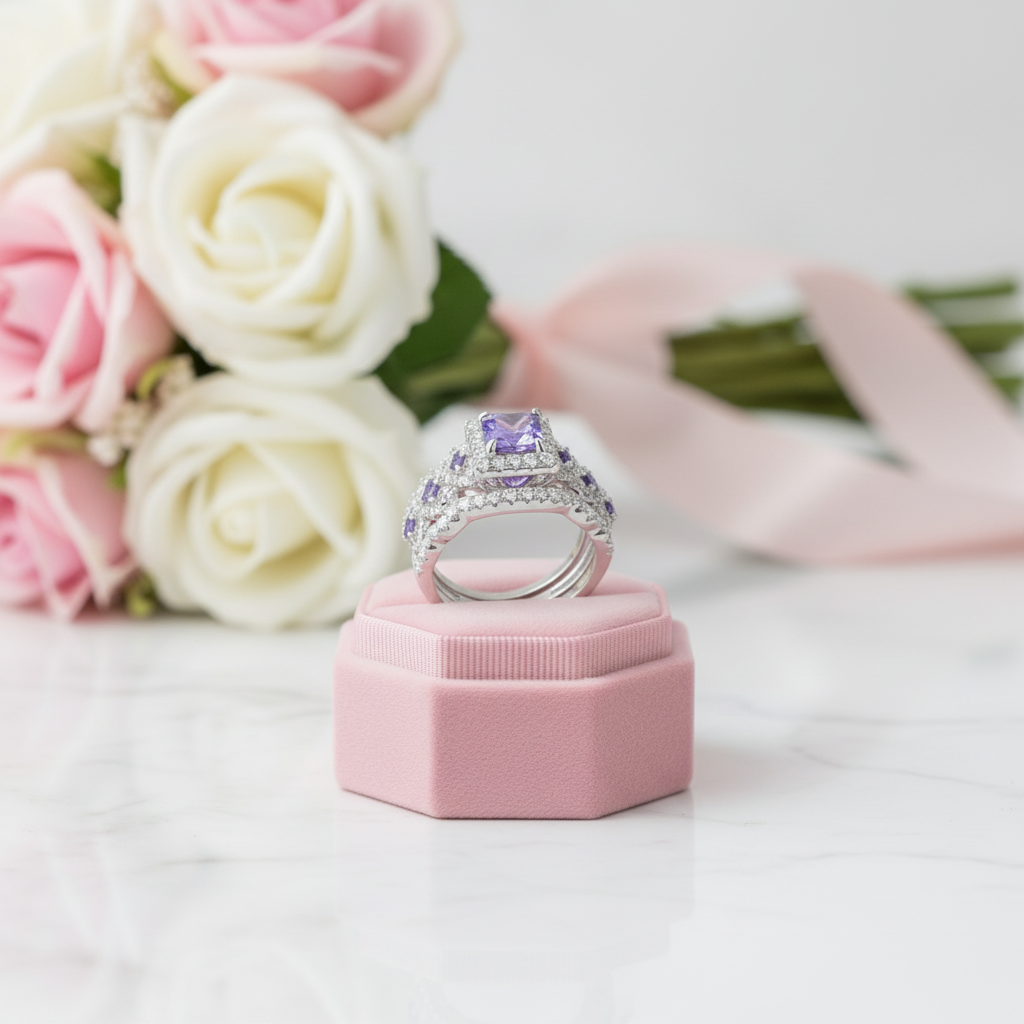 Purple Blue Princess Cut Tanzanite Gemstone Engagement Ring Set-Black Diamonds New York