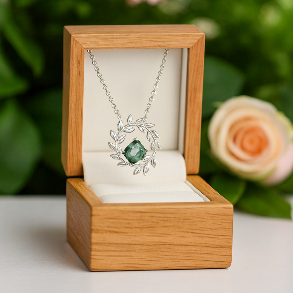 June Birthstone Natural Moss Agate Circle Leaves Necklace-Black Diamonds New York