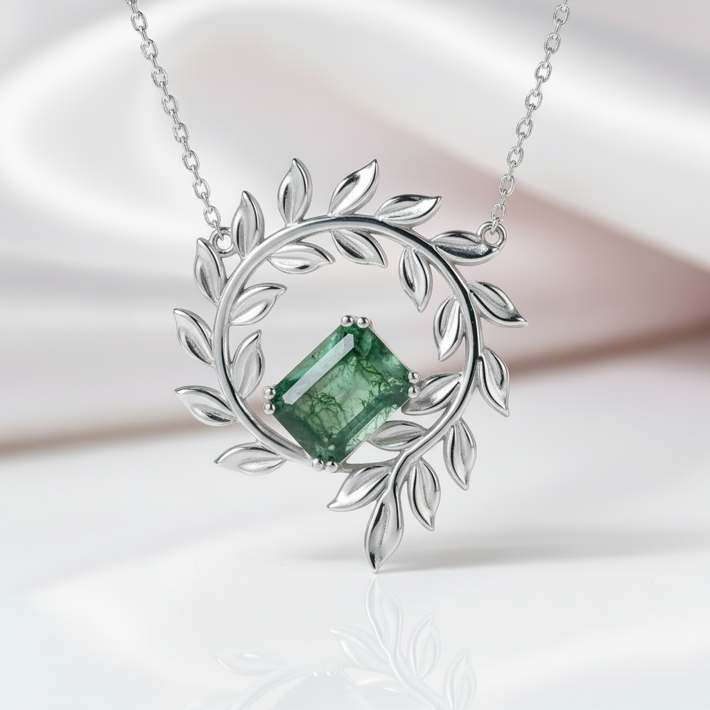June Birthstone Natural Moss Agate Circle Leaves Necklace-Black Diamonds New York