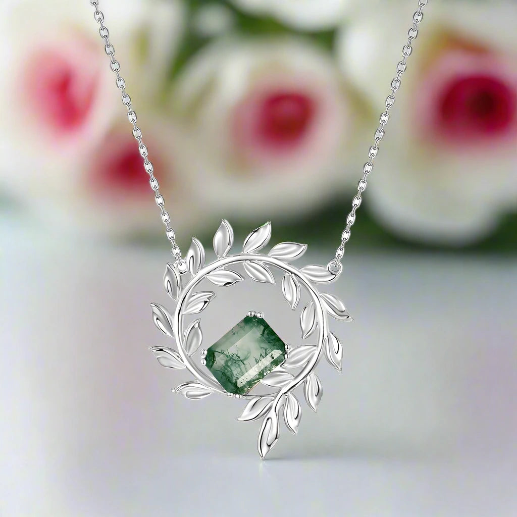 June Birthstone Natural Moss Agate Circle Leaves Necklace-Black Diamonds New York