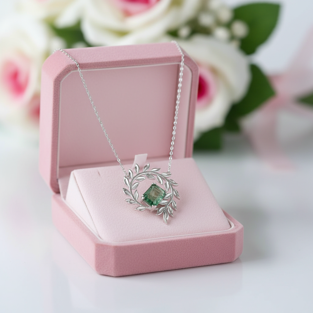 June Birthstone Natural Moss Agate Circle Leaves Necklace-Black Diamonds New York