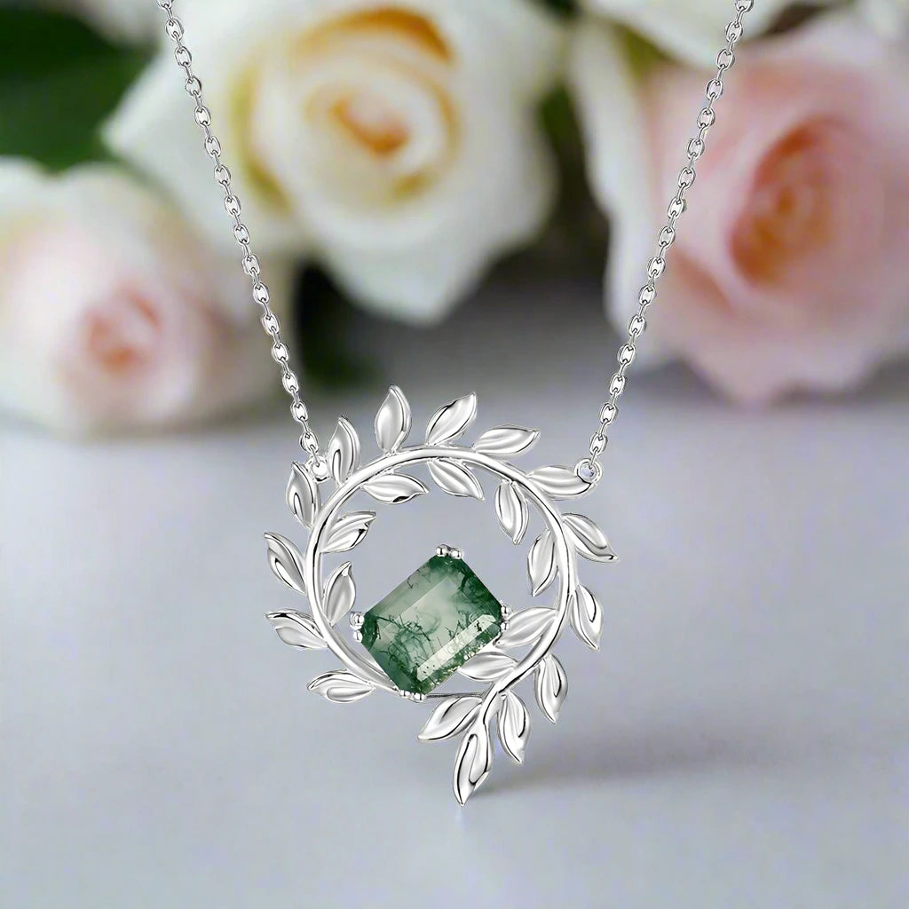 June Birthstone Natural Moss Agate Circle Leaves Necklace-Black Diamonds New York