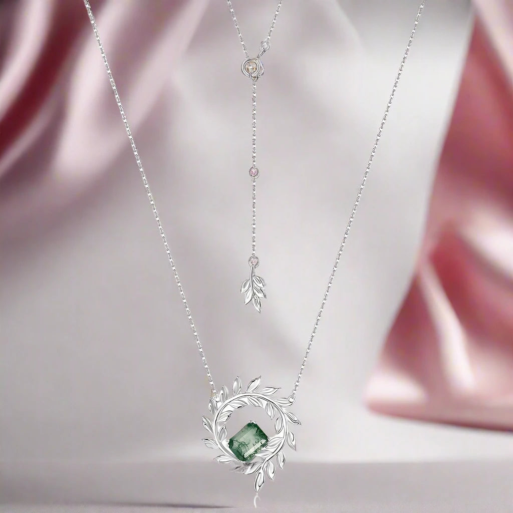June Birthstone Natural Moss Agate Circle Leaves Necklace-Black Diamonds New York
