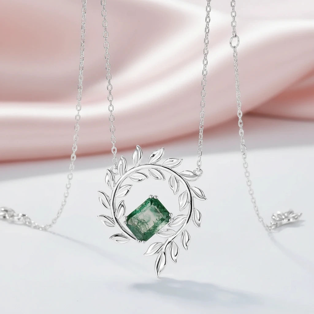 June Birthstone Natural Moss Agate Circle Leaves Necklace-Black Diamonds New York