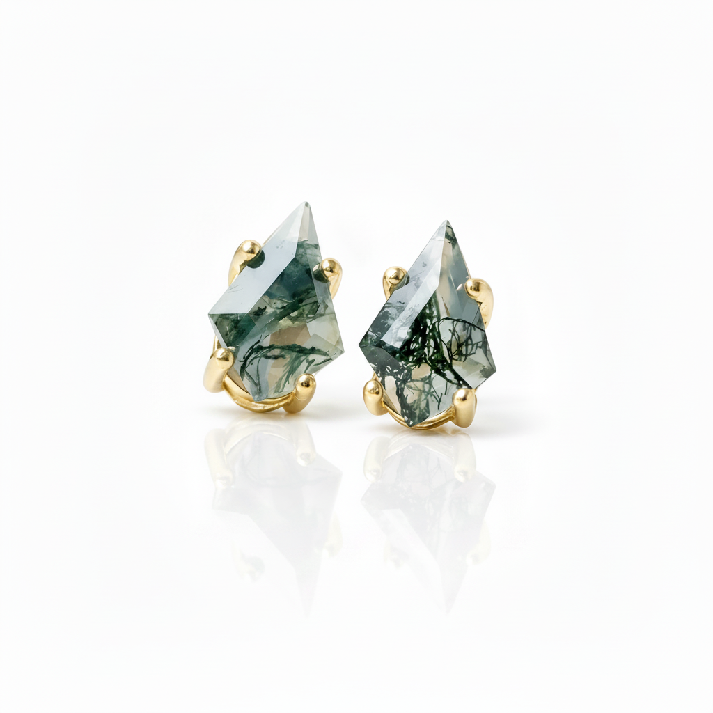 Kite Shaped Green Moss Agate Earrings-Black Diamonds New York