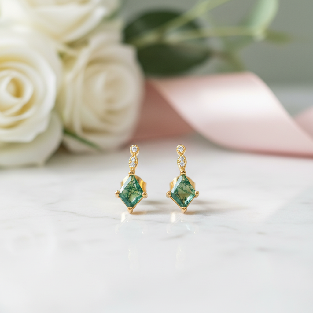 Kite Shaped Moss Agate Yellow Gold Earrings-Black Diamonds New York