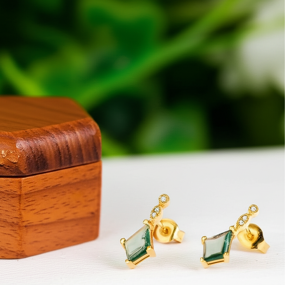 Kite Shaped Moss Agate Yellow Gold Earrings-Black Diamonds New York