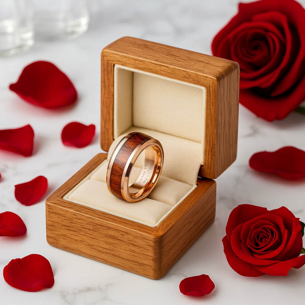 Koa Wood Inlay Beveled Edge Tungsten Carbide Ring-Black Diamonds New York