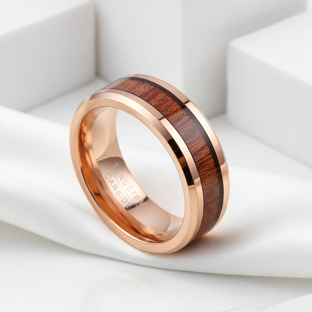 Koa Wood Inlay Beveled Edge Tungsten Carbide Ring-Black Diamonds New York