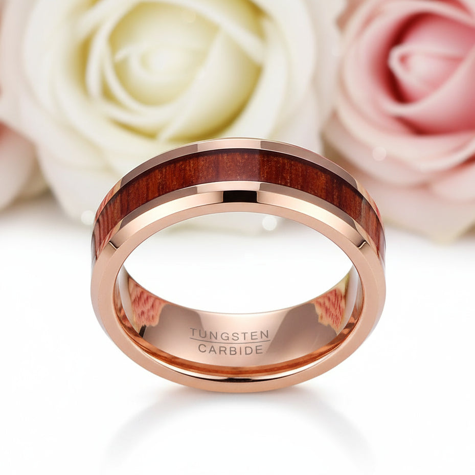 Koa Wood Inlay Beveled Edge Tungsten Carbide Ring-Black Diamonds New York