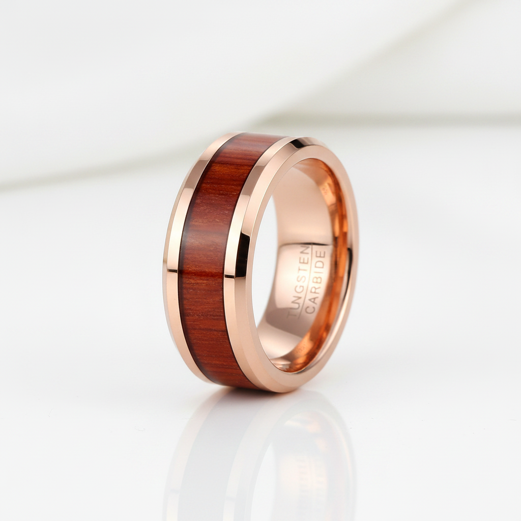 Koa Wood Inlay Beveled Edge Tungsten Carbide Ring-Black Diamonds New York