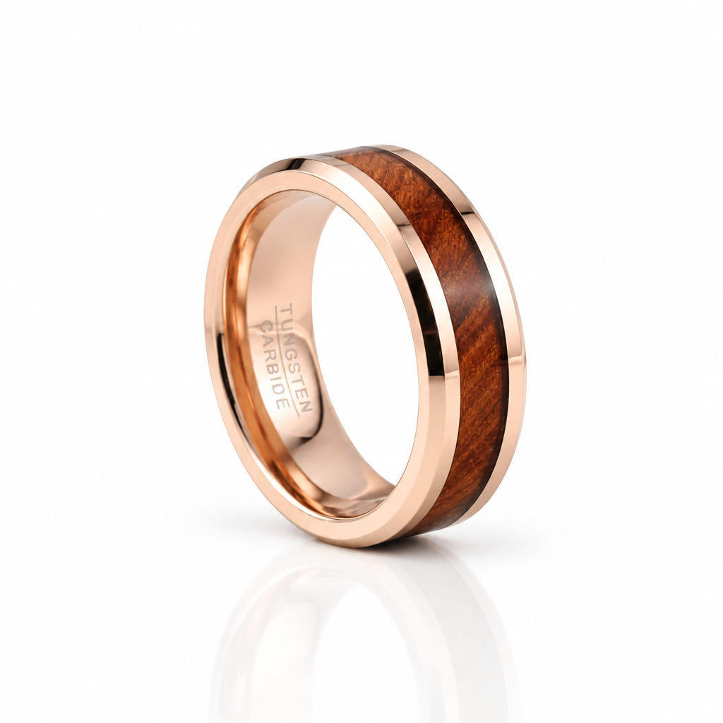 Koa Wood Inlay Beveled Edge Tungsten Carbide Ring-Black Diamonds New York