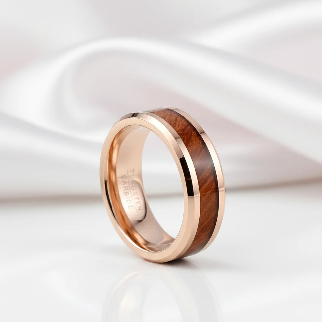 Koa Wood Inlay Beveled Edge Tungsten Carbide Ring-Black Diamonds New York