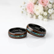 Koa Wood and Abalone Shell Inlay Tungsten Carbide Men's Ring-Black Diamonds New York