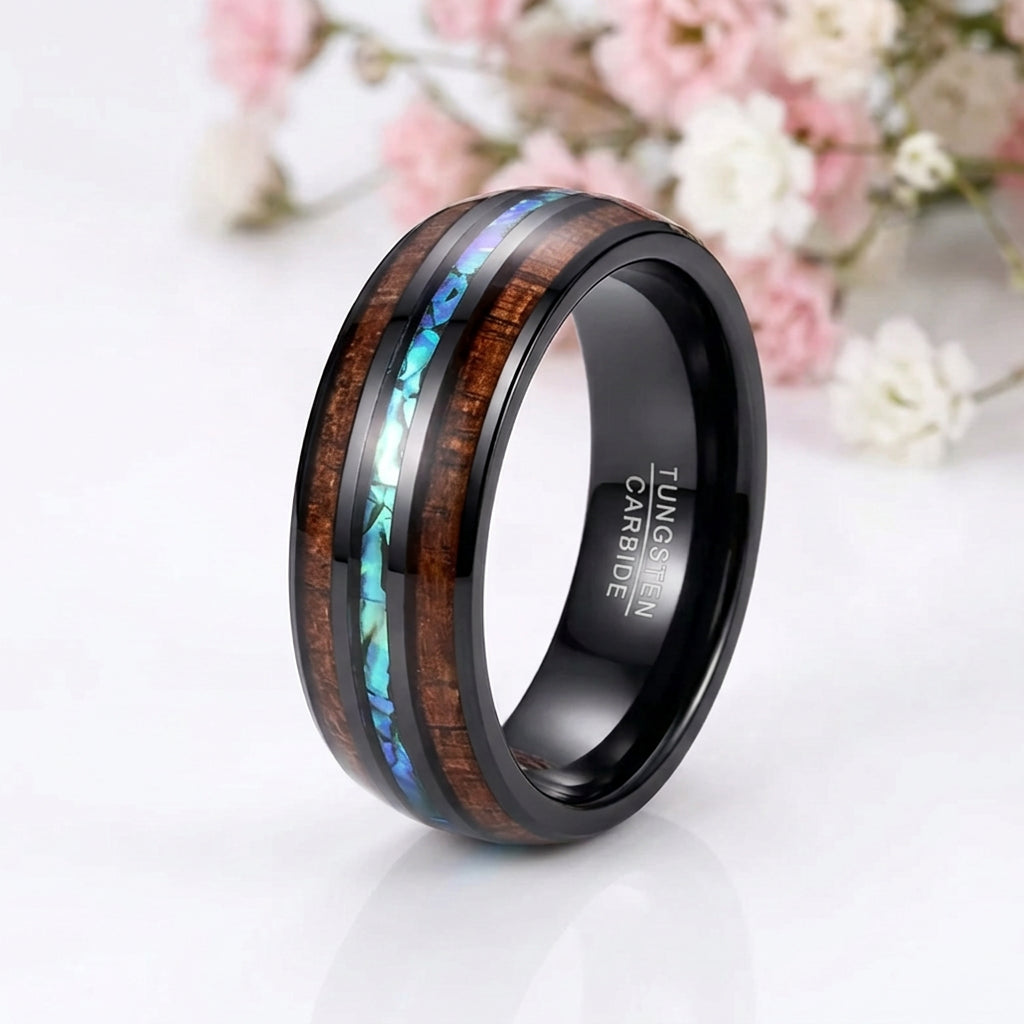 Koa Wood and Abalone Shell Inlay Tungsten Carbide Men's Ring-Black Diamonds New York