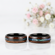 Koa Wood and Abalone Shell Inlay Tungsten Carbide Men's Ring-Black Diamonds New York