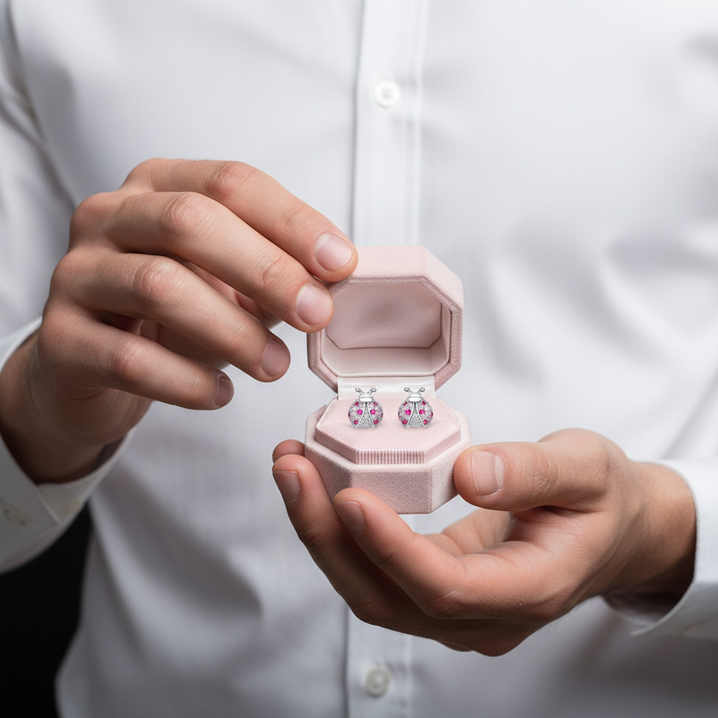 A person in a white dress shirt holds an open light pink jewelry box displaying a pair of small stud earrings with purple and blue stones.