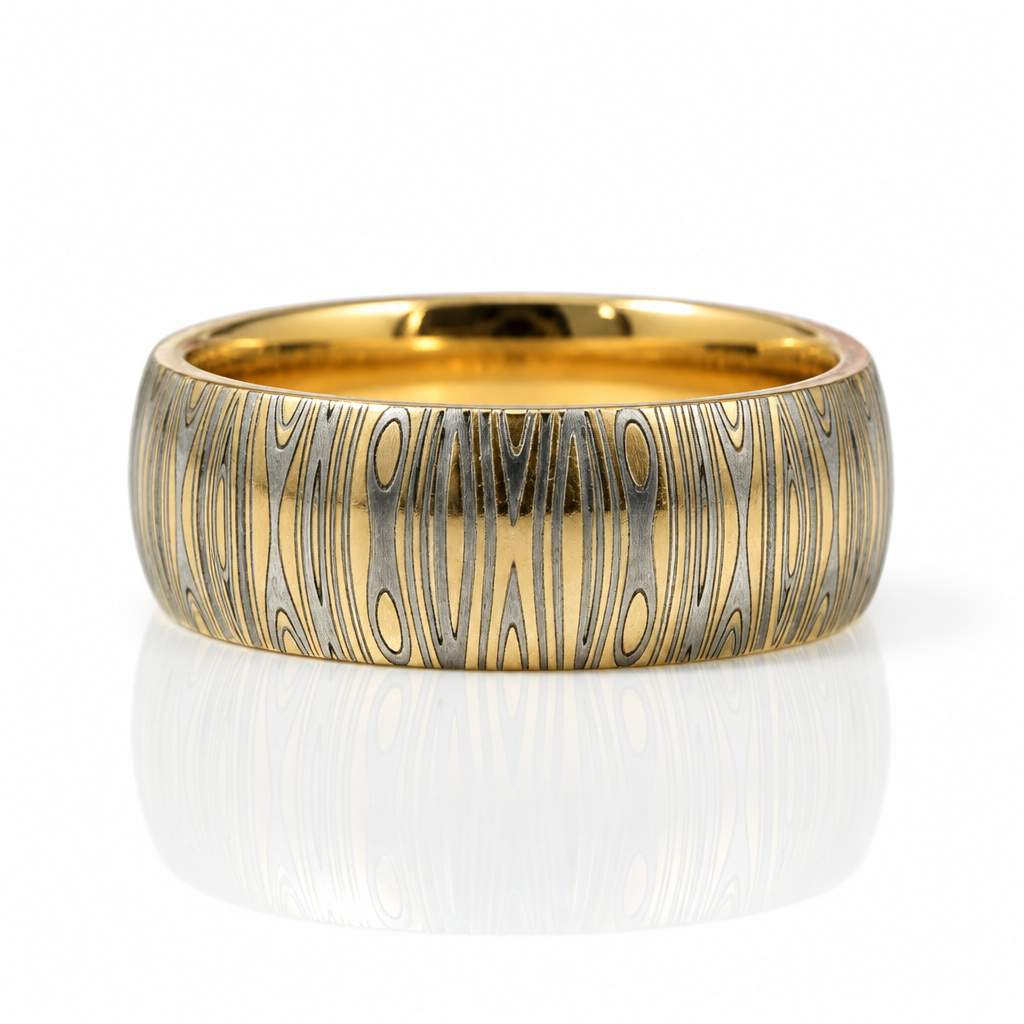 Laser Engraving Damascus Pattern Dome Band-Black Diamonds New York