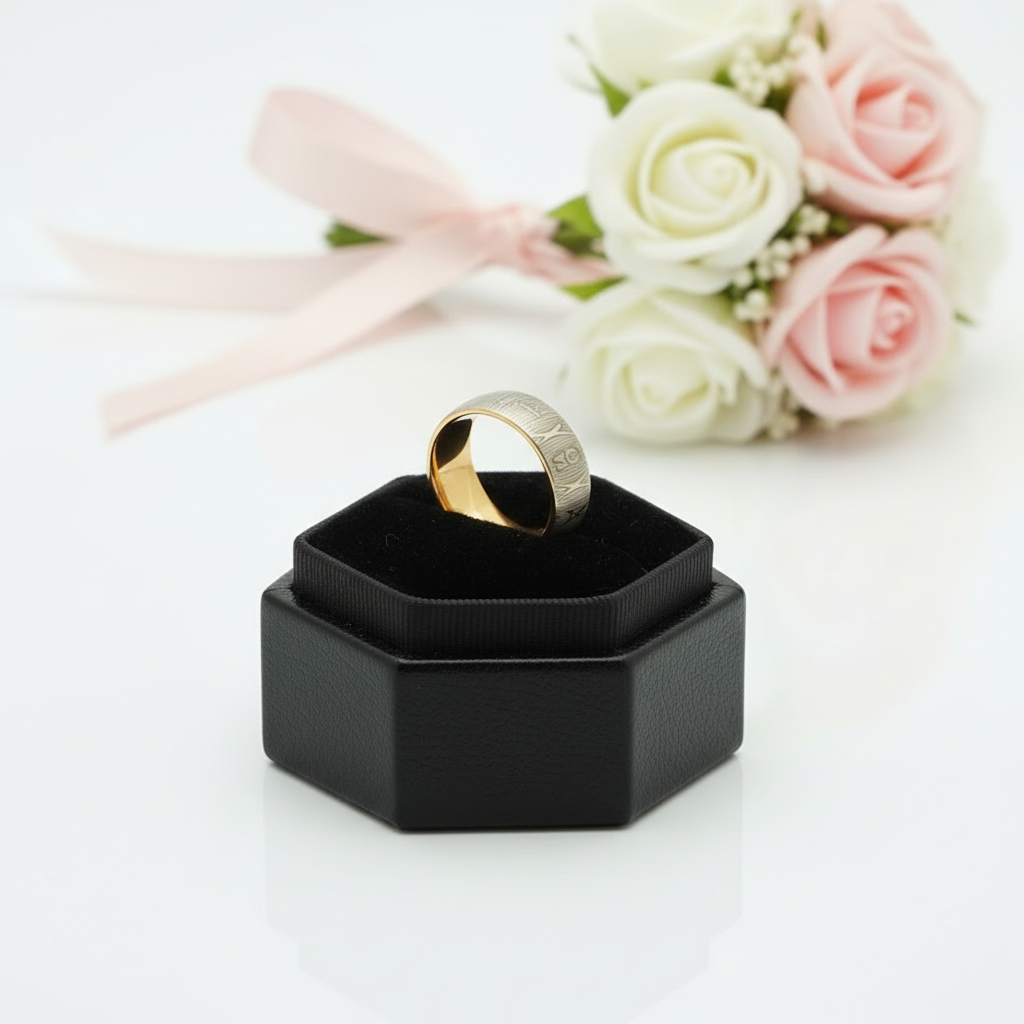 Laser Engraving Damascus Pattern Dome Band-Black Diamonds New York