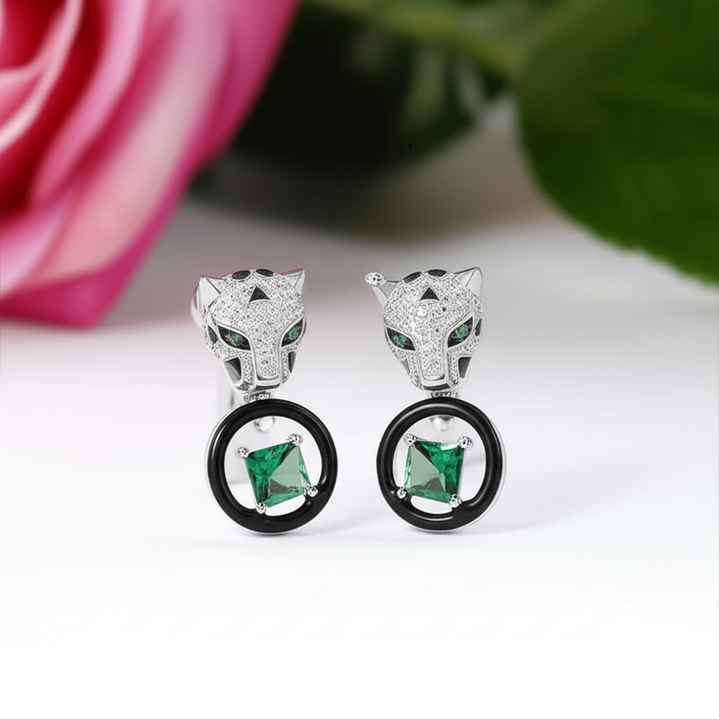 Leopard Head and Green Spinel Earrings-Black Diamonds New York