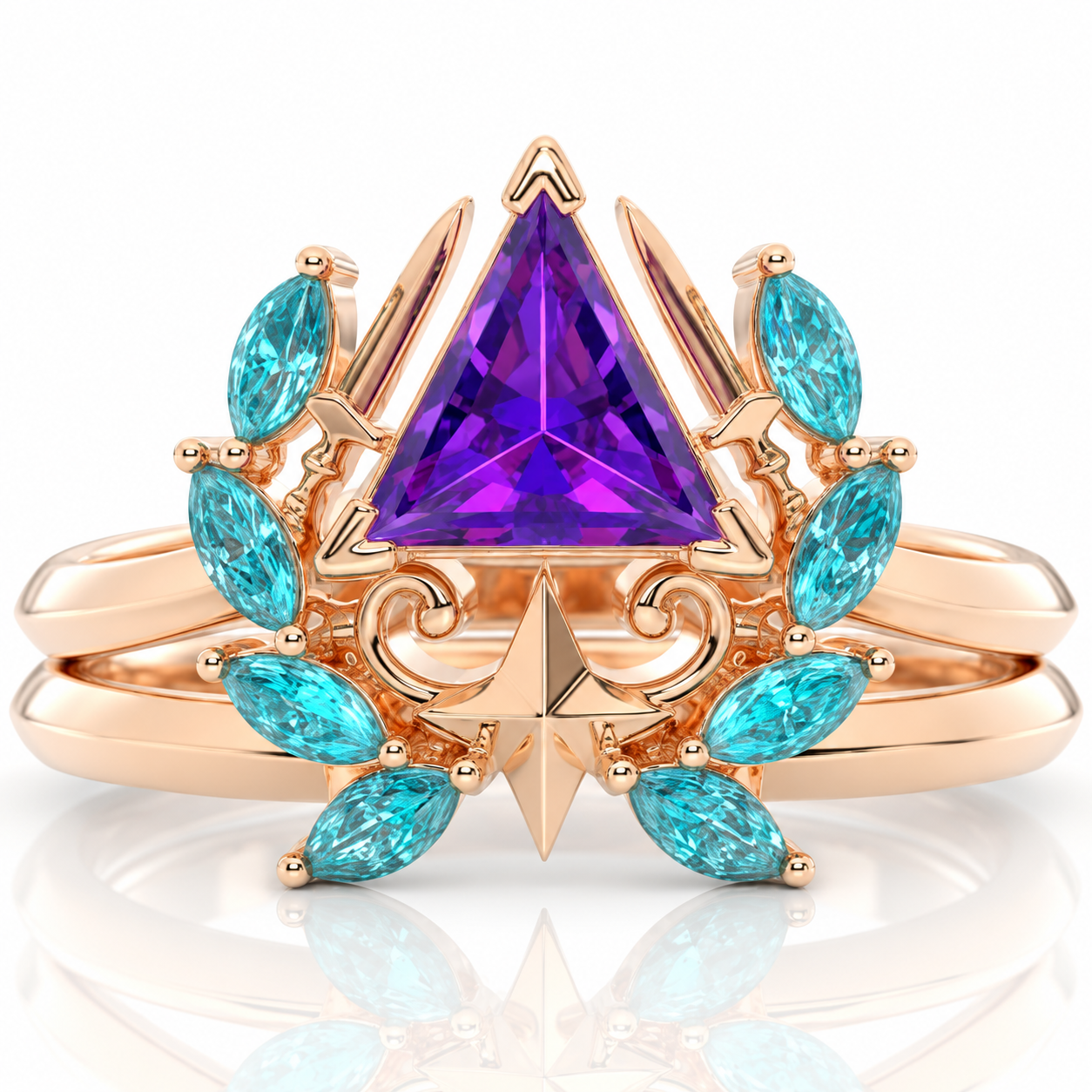 Light Mage Ring Set- 14k Rose Gold Video Game Inspired Rings-Black Diamonds New York