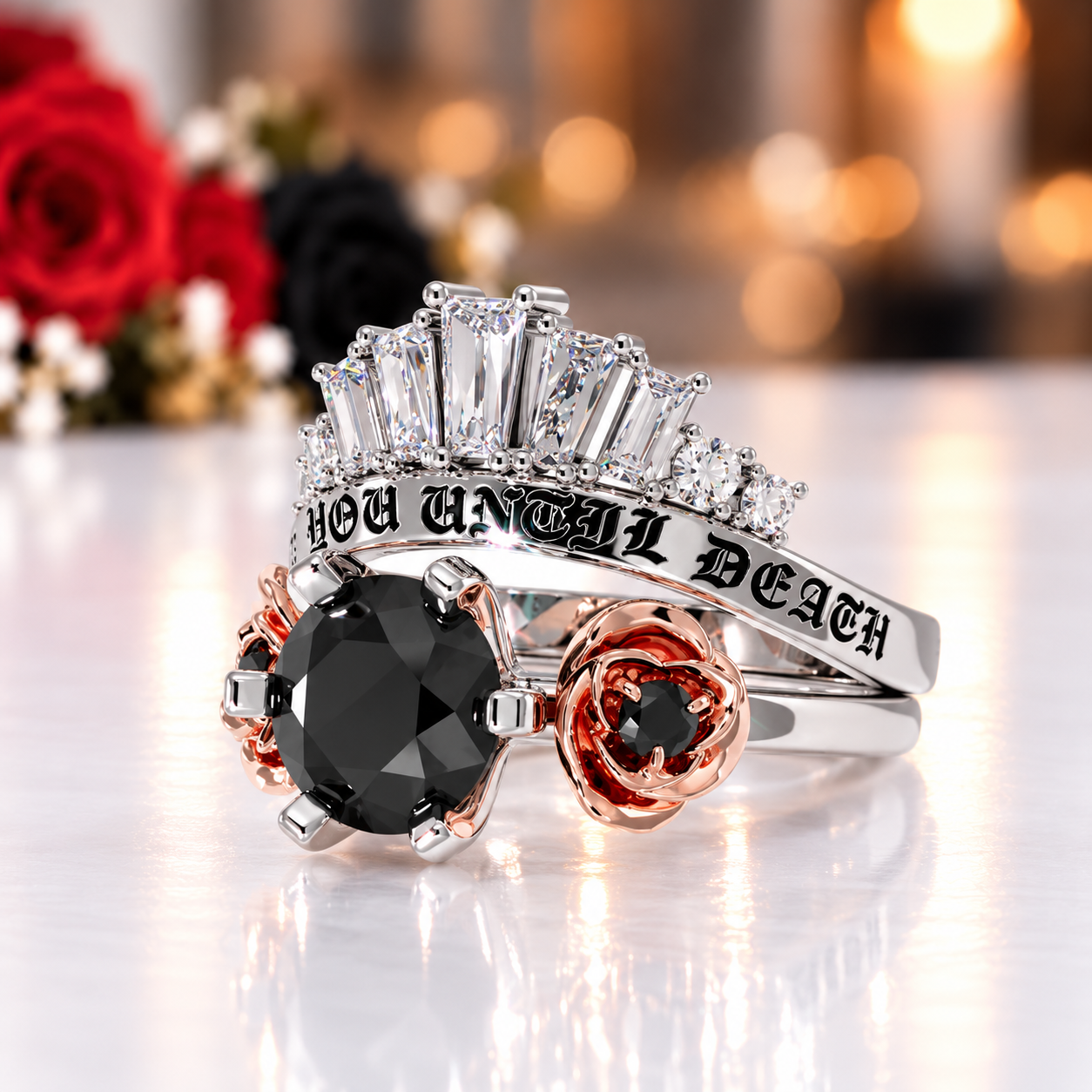 Love You Until Death Rings - 1.5 Ct Round Cut Diamond Option Engagement Rings in 14k White Gold-Black Diamonds New York