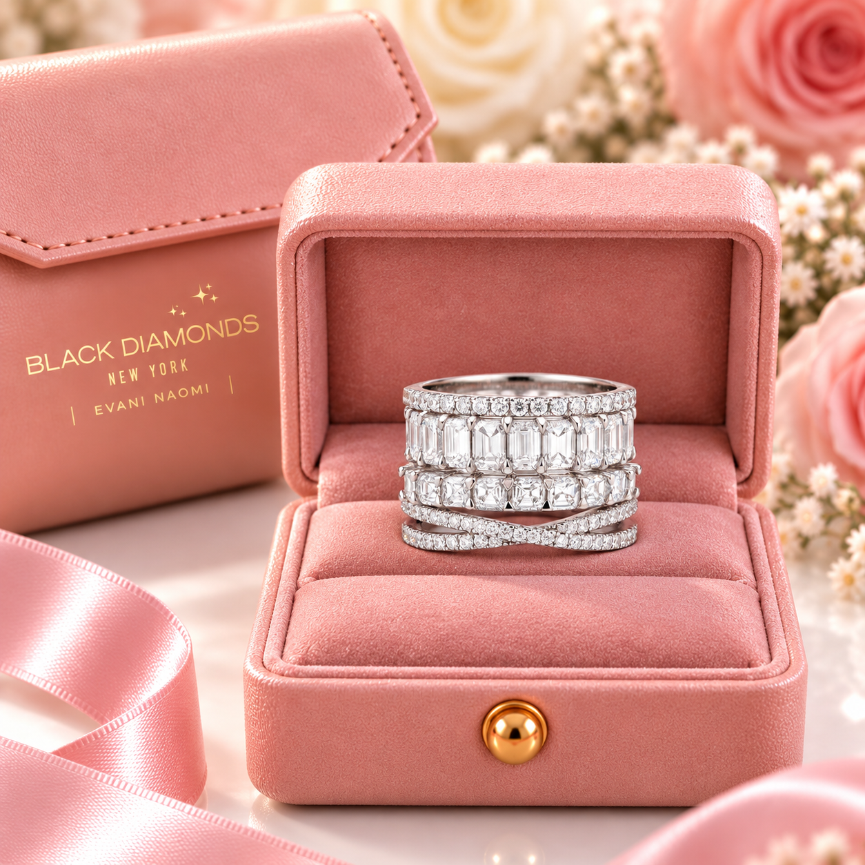 A silver-toned diamond ring set with baguette and round-cut stones, displayed in an open pink jewelry box. A branded pink box reading BLACK DIAMONDS NEW YORK is visible in the background, along with soft pink roses and a pink ribbon.
