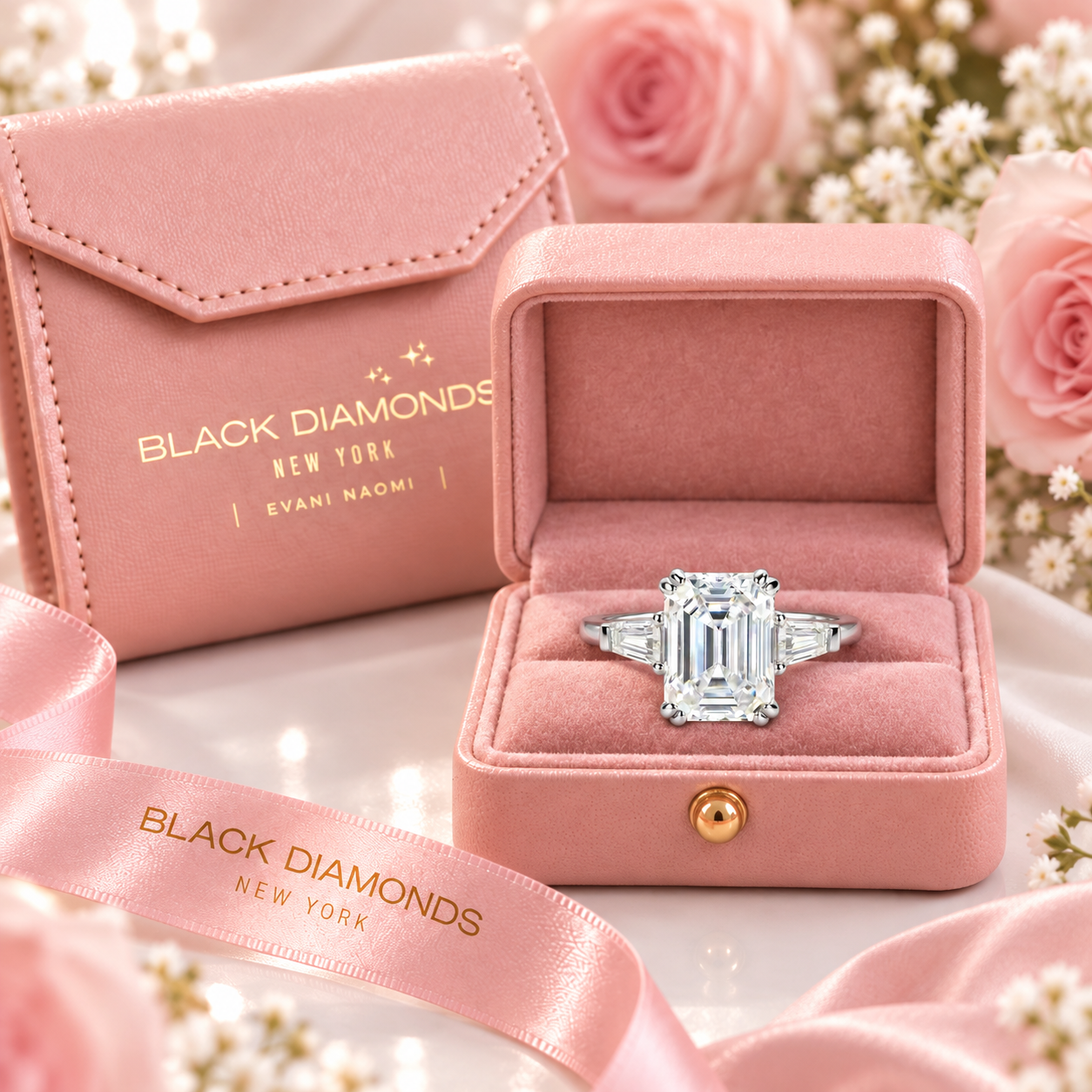 Luxurious Emerald Cut Diamond Option Engagement Ring-Black Diamonds New York