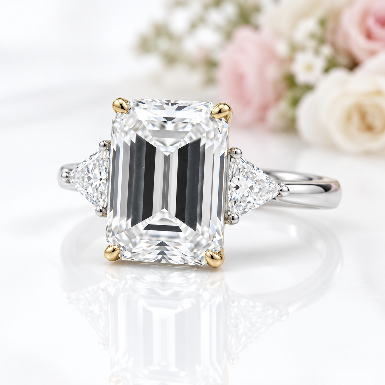 4.0ct Emerald Cut Simulated Diamond Option Three-Stone Engagement Ring-Black Diamonds New York