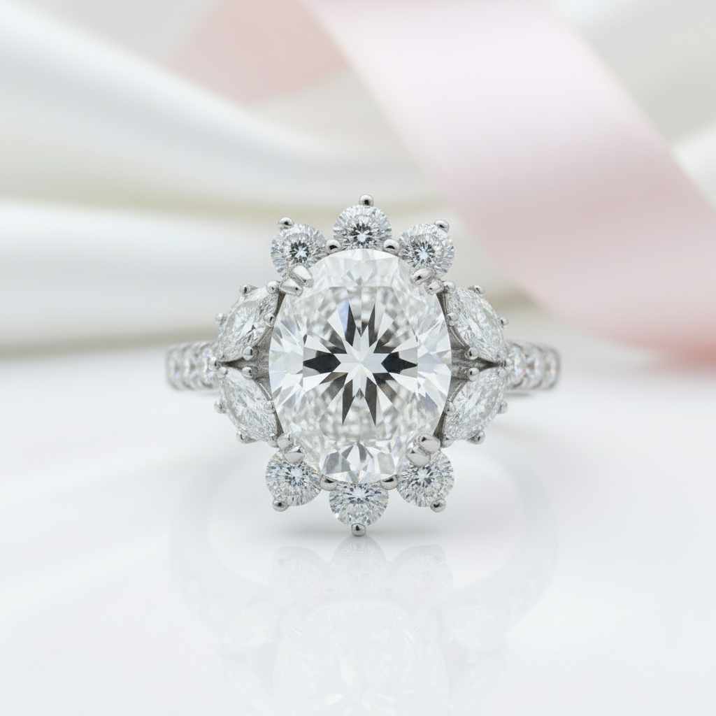 Luxury Flower Oval-Cut Diamond Option Engagement Halo Ring-Black Diamonds New York