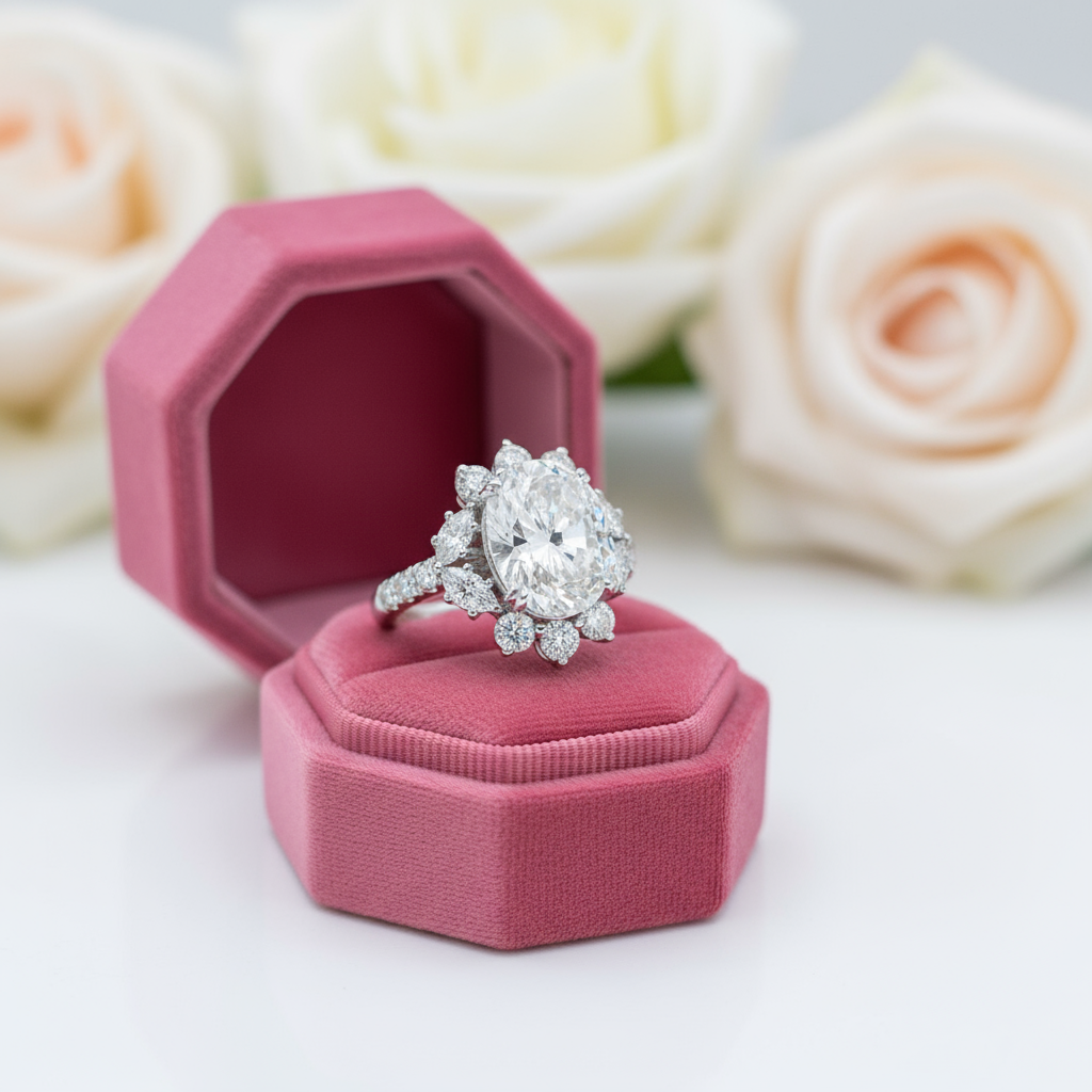 Luxury Flower Oval-Cut Diamond Option Engagement Halo Ring-Black Diamonds New York